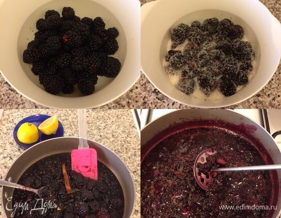Ягоды промыть, переложить в миску, засыпать сахаром, перемешать и дать постоять 2 часа. Так ягоды дадут сок, и нам не придется добавлять воду. Спустя 2 часа переложить массу в кастрюлю с толстым дном, добавить цедру, палочку корицы и поставить на медленный огонь. Довести до кипения, снять пену и варить до готовности 10-15 минут. Готовность я проверяю так: каплю джема кладу на холодное блюдце, если капля застывает и на поверхности появляется глянцевая пленка, джем готов. Готовый джем слегка пюрировать.