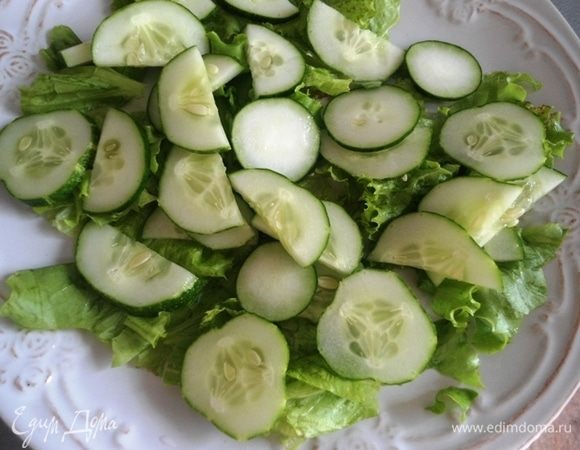 Лист салата и огурцы хорошо вымыть. Огурец нарезать кольцами или полукольцами. Лист салата порвать руками.