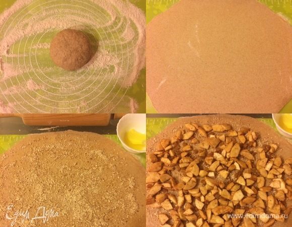 Тесто раскатать тонким слоем, смазать 1 ст. л. растопленного сливочного масла. Затем посыпать миндалем, выложить начинку и разровнять.