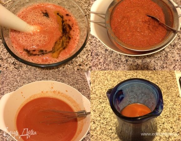 Добавить соль, оливковое масло (4 ст. л.), уксус и еще раз хорошо взбить. Затем массу процедить через сито, перемешать, перелить в графин, накрыть пленкой и отправить в холодильник на 5-8 часов.