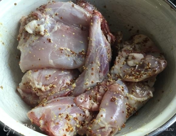 Кролика вымойте, обсушите бумажными полотенцами, нарежьте порционными кусками и намажьте горчицей.
