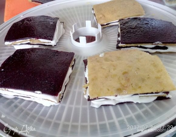 Промазываем полосы яблочно-белковой массой, часть которой оставляли. В «Изидри» на поддон умещается пастила, промазанная в 4-5 коржей. 
Пастилу-тортики вновь укладываем на листы для пастилы и отправляем досушивать на 1-2 часа.
