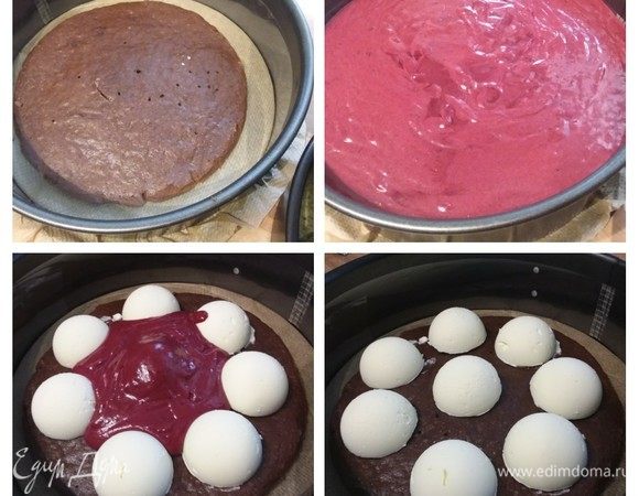 Сборка: дно разъемной формы 20 см в диаметре застелить пергаментной бумагой, бока выложить пластичной лентой (так края торта будут выглядеть аккуратнее). Бисквит выложить в центре формы, на бисквит выложить полусферы, залить муссом, потрусить формой об стол, чтобы заполнить муссом полые места, и отправить десерт в морозилку. 