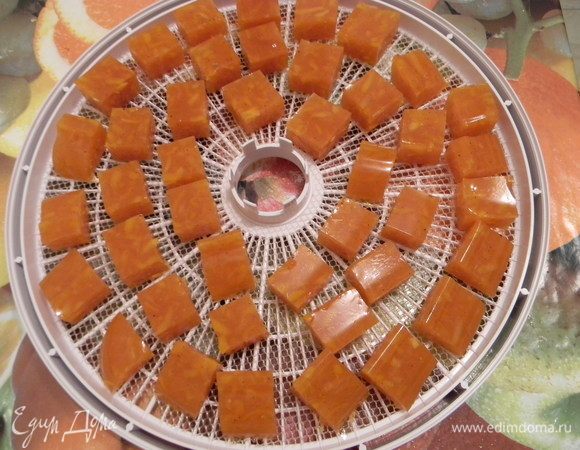 Разложить на поддоны электросушилки. Предварительно на дно поддона уложить сеточку. Ставим в сушку, температурный режим 50-55°С на 10-12 ч. Этот пункт и превратит наше томатно-фруктовое желе в настоящий мармелад.