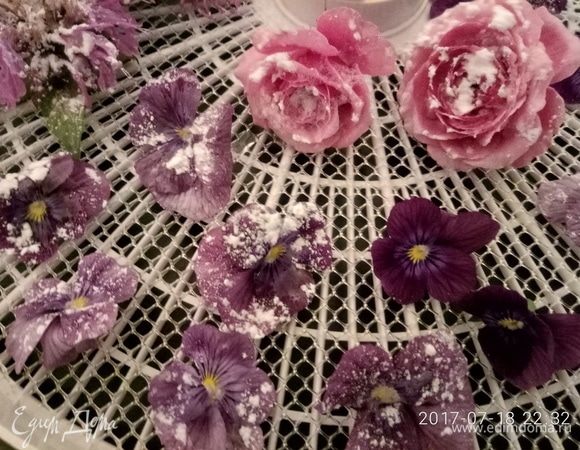 Смазанный цветок присыпать сахарной пудрой из солонки или с помощью ситечка. 