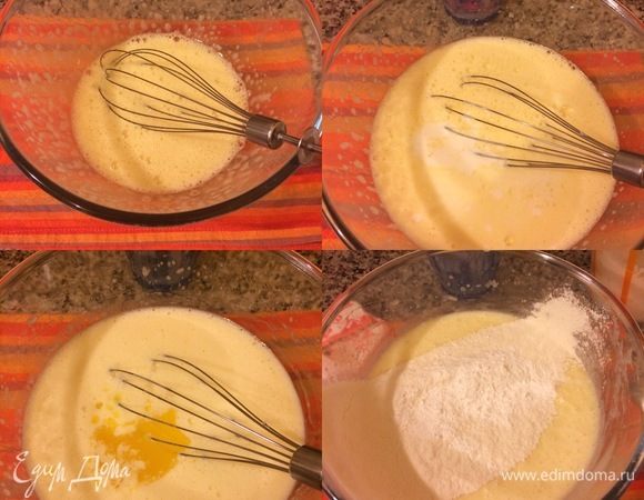 Яйца, сахар, соль и ванильный сахар слегка взбить. Добавить кефир, растопленное сливочное масло, сок лимона и еще раз слегка взбить. Муку просеять с разрыхлителем и начать постепенно добавлять в тесто.