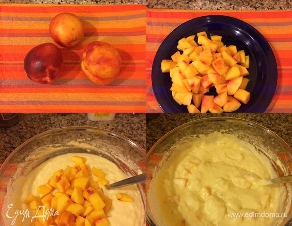 Фрукты очистить и мелко нарезать. Добавить фрукты в тесто и аккуратно перемешать.