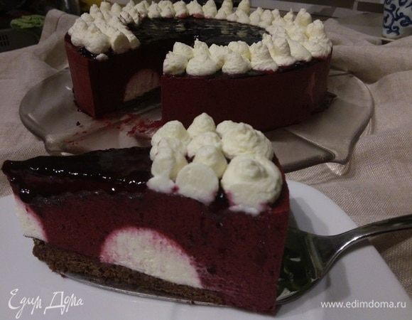 Здесь пересчет продуктов для форм 26 и 20 см в диаметре:
Бисквит: вода — 2,2 г, сахар — 44,4 г, мука — 33,3 г, какао — 11,1 г, масло сливочное — 1,1 ч. л., орехи — 33,3 г. 
Мусс: свежая смородина — 975 г., выход — 650 г желе, желатин — 11,7 листов, сахар — 170 г, сливки — 416 г. 
Сборка: маскарпоне — 90 г, сахар — 39 г, сливки — 130 г. 
Для полусфер количество ингредиентов остается прежним и рассчитано на 8 штук. 