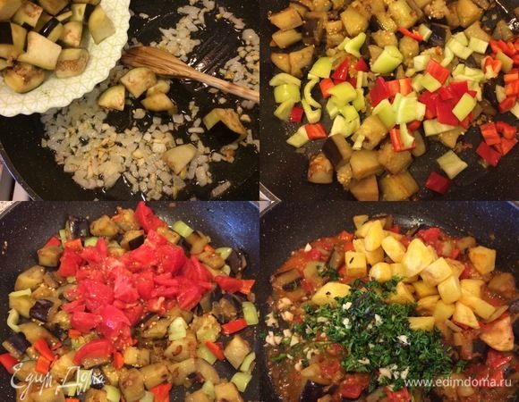 В сковороде с толстым дном разогреть растительное масло, обжарить лук и 1 зубчик чеснока, к луку добавить отжатые баклажаны. Накрыть крышкой и тушить 10-15 минут. Затем добавить болгарский и тушить еще пару минут. Помидор очистить, нарезать, добавить к овощам и потушить 3-4 минутки. Зелень, чеснок и немного острого зеленого перца мелко нарезать. К овощам добавить, жареный картофель, зелень, чеснок, зеленый перец, посолить, поперчить, перемешать, потушить 2 минутки и снять с огня!