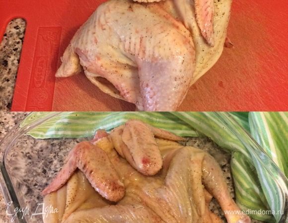 Духовку нагреть до 200°С. Цыпленка вымыть, обсушить бумажным полотенцем, натереть крупной солью и смазать растопленным сливочным маслом. Уложить в форму и жарить до готовности.