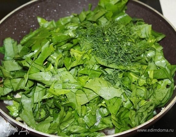 Шпинат порубить, укроп мелко порезать, добавить к луку и потушить пару минут.