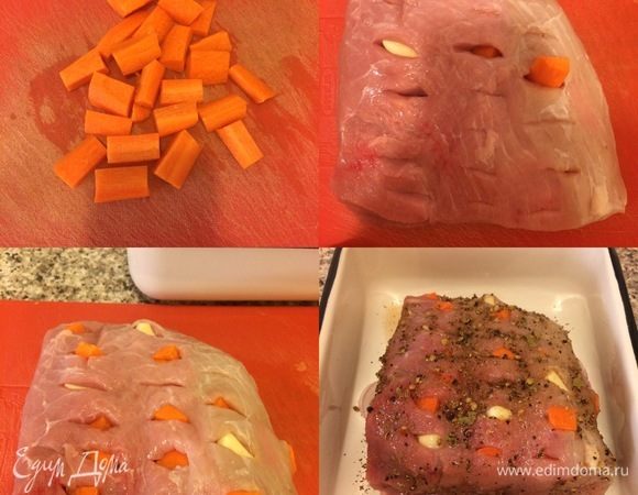 Морковь нарезать. Мясо вымыть, обсушить бумажным полотенцем и сделать надрезы. Нашпигуйте мясо морковью и чесноком. Натрите хорошо мясо смесью из ступки, уложите в контейнер на лук, полейте сверху уксусом 1 ст. л., накройте крышкой и отправьте в холодильник на 6-8 часов.