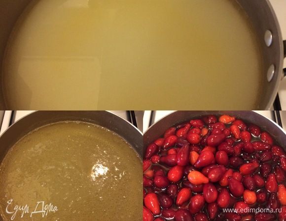 В кастрюлю (таз) налить воду, добавить сахар, довести до кипения, уменьшить огонь и, помешивая, дать покипеть 1-2 минутки. Затем добавить кизил.