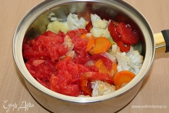 После этого переложить запеченные в кастрюлю, добавить очищенные измельченные помидоры.
