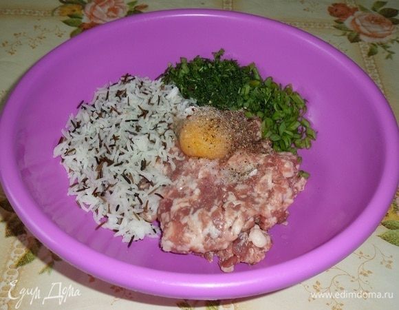 В чашку выкладываем отварной рис, мясной фарш, нарезанную зелень, яйцо, соль и специи (по вкусу).
