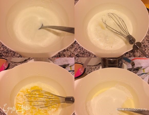 В миске смешать простоквашу, сметану, соду и дать постоять 5 минут. Добавить сахар, соль, яйцо и хорошо взбить. Затем добавить растопленное сливочное масло и еще раз взбить венчиком. Начать постепенно добавлять муку.