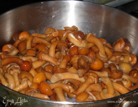 Грибы надо промыть и обсушить. Я взяла опята, но отлично подойдут и лисички. Обжариваем на сковороде со сливочным маслом 8 минут.