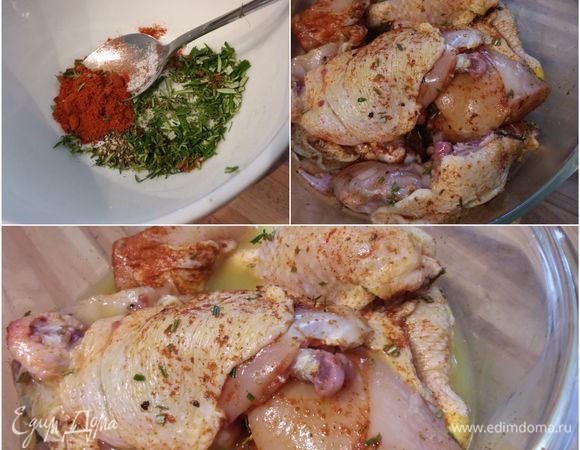 Смешать мелко рубленый розмарин, тимьян с солью, красной сладкой паприкой и натереть этой смесью курицу. Влить апельсиновый сок и оставить мариноваться минимум на 3 часа. 