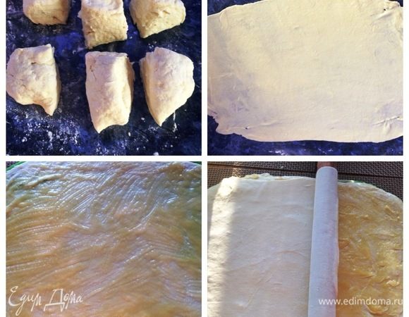 Полученное второе тесто разрезать на 6 частей.
Каждую часть тонко раскатываем и наносим слой первого теста (как на фото). Помогая скалкой, можно перенести раскатанное тесто.
