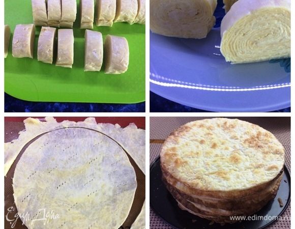 По истечении времени рулет разрезаем поперек на бруски шириной 1,5 см. У меня получилось 13 кусочков, т.е. 13 коржей. 
Каждый кусочек теста раскатываем тонко, вырезаем круг и выпекаем в разогретой духовке. Коржи выпекаются очень быстро. Вот такая стопочка получилась.