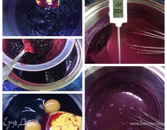 Курд из черной смородины. В сотейнике соединить смородину и сахар (я просто разогрела перетертую смородину из холодильника). Довести до кипения, перетереть через сито, добавить два яйца, взбить, вернуть на плиту, добавить сливочное масло и, постоянно помешивая, прогреть до 80°С. Снять с огня и остудить.  