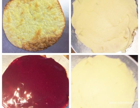 Собираем торт. Один корж обмазываем кремом, сверху выкладываем другой корж, который обмазываем курдом. Чередуем коржи, обмазывая кремом, другой курдом и т.д.