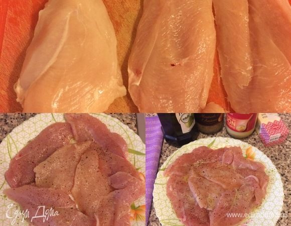 Грудки вымыть, обсушить бумажным полотенцем, разрезать пополам, посолить, поперчить, полить соком лимона и отправить в холодильник на 30 минут (можно на ночь).