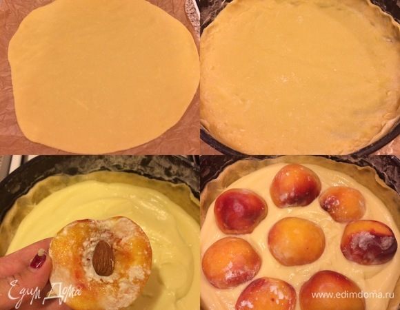 Тесто разделить на 2 части. Раскатать одну часть теста (я это делаю на присыпанном мукой пергаменте), перенести тесто в форму и распределить. Сверху тесто полить кремом, в каждый персик положить миндаль и выложить сверху на крем.