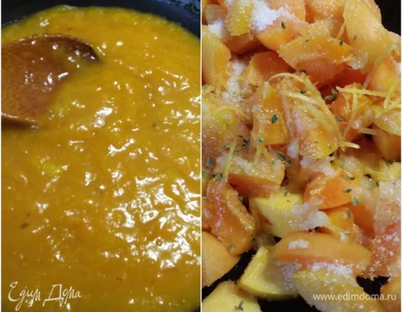 Из абрикосов вынуть  косточки, нарезать на кусочки, сложить в кастрюльку, добавить листики тимьяна, сок, цедру половины лимона и сахар по вкусу (зависит от сладости абрикосов). Довести до кипения. Проварить до мягкости. Пробить блендером до однородной консистенции пюре. 
Крахмал развести в 2 ст. л. холодной воды, влить в абрикосы и заварить крем. Охладить. 
* двух веточек лимонного тимьяна мы в готовом тарте не ощутили, потому можно увеличить его количество. 