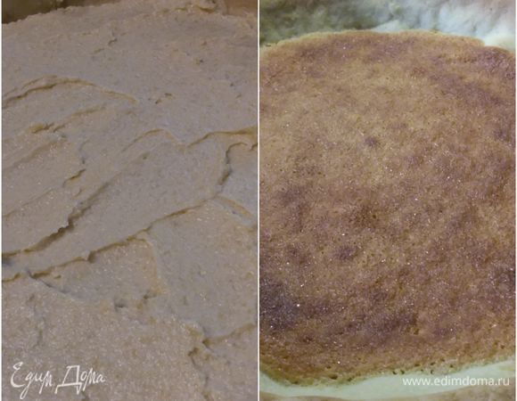 Выложить франжипан в форму с тестом, разровнять и выпекать в заранее разогретой до 175°С духовке 20 минут до золотистого цвета. Вынуть корж из духовки, извлечь из формы  и полностью остудить на решетке. Теперь его нужно переложить на блюдо. 