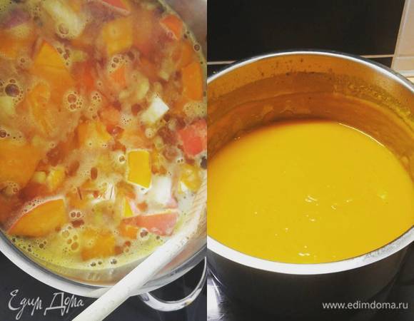 Пюрируем суп погружным блендером, после чего еще чуть-чуть его довариваем. Солим по вкусу.
