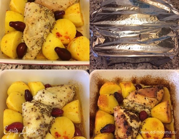 Добавить грудку к картошке. Полить вином, сверху положить кизил, накрыть фольгой и отправить в духовку на 20 минут. Затем снять фольгу и жарить до румяной корочки. Приятного аппетита!