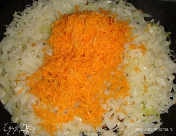 Морковь натереть, лук нарезать полукольцами и добавить к капусте. Тушить 10 минут.
