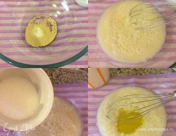 В теплой воде развести дрожжи и щепотку сахара, накрыть салфеткой и дать постоять 5 минут. Затем добавить сахар, соль, оливковое масло и перемешать.