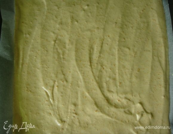 Противень застелить пергаментом. Выложить тесто и разровнять его. Выпекать в разогретой до 170°С духовке 15-20 минут, главное не пересушить бисквит.