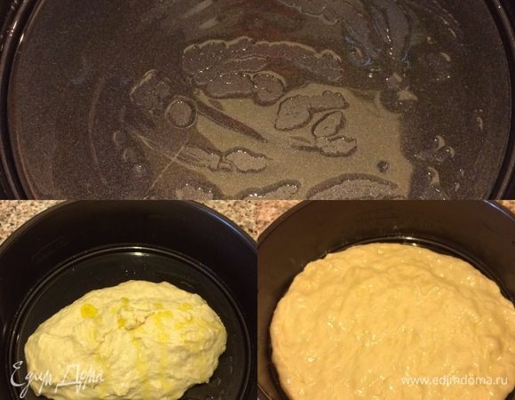 Духовку нагреваем до 200°C. Форму 20 см смазываем маслом. Перекладываем тесто, поливаем еще маслом и руками распределяем по форме. Накрываем салфеткой и даем постоять еще 30 минут.