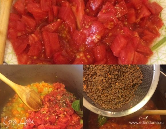 Помидоры очистить и нарезать. Добавить к овощам помидоры,сахар,тимьян,лавровый лист,перец,перемешать и тушить 5–6 минут. Затем добавить чечевицу, кипяток, перемешать, накрыть крышкой и варить 20–30 минут (до мягкости чечевицы).