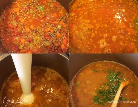 Достать из супа лавровый лист. Суп слегка пюрировать блендером, добавить соль, зелень, перемешать и варить еще 4–5 минут.