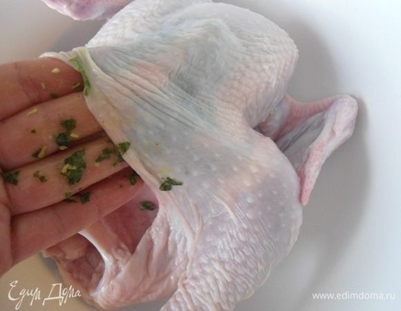 Аккуратно отодвинуть кожу и смазать зеленой пастой внутри курицы.