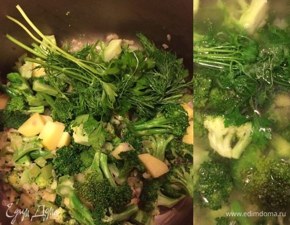 Зелень собрать в пучок, перевязать ниткой и добавить в суп. Суп залить горячей водой (воды можны добавить чуть больше или чуть меньше, все зависит от того, насколько густой суп вы хотите), накрыть крышкой и варить 15 минут.