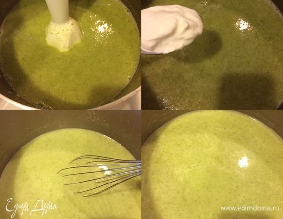 Из супа достать зелень, пюрировать его блендером. Затем добавить сметану и хорошо взбить венчиком. Добавить соль и снять с огня.