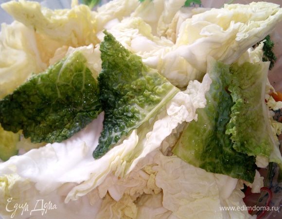 Тем временем помыть савойскую капусту, разделить на листья, крупно их нарезать.