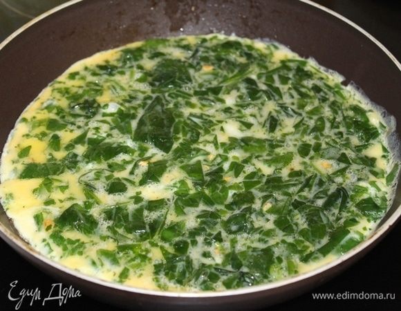 Выложить яичную смесь на раскаленную сковороду, смазанную растительным маслом и испечь блин.