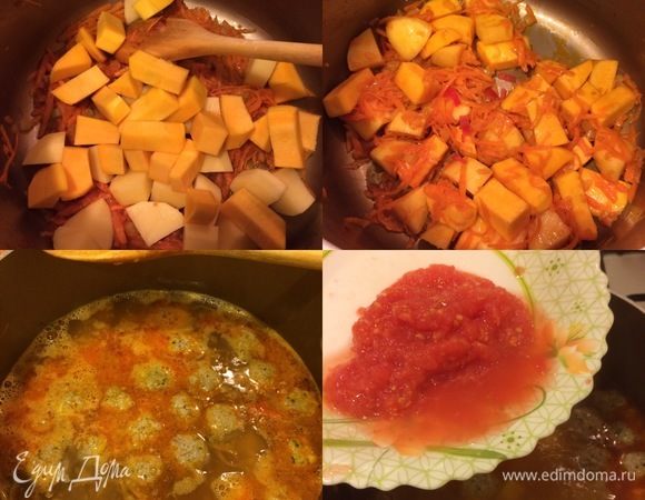 Картофель и тыкву крупно нарезать, добавить к овощами и перемешать. Затем залить овощи кипятком, добавить тефтели, накрыть крышкой и варить 10 минут. Помидор очистить и натереть на терке. В суп добавить помидор и варить еще 5-7 минут.