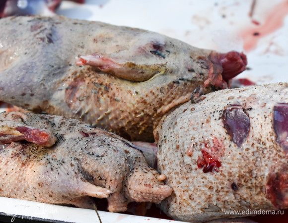 Дичь ощипать, положить в воду для отмачивания минут на 30.