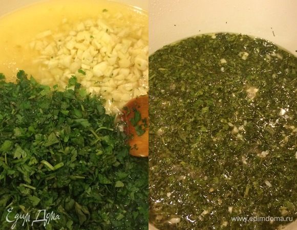 После перца в этот же маринад мы добавляем зелень и чеснок, перемешиваем и варим 3-5 минут (зелень должна поменять цвет).