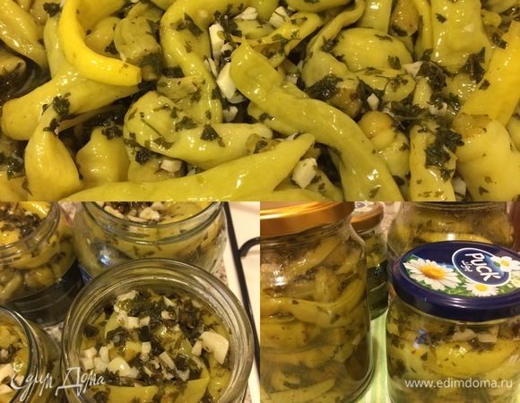 Когда зелень будет готова, мы добавляем к ней наш перец, аккуратно перемешиваем и снимаем с огня. Готовый горячий перец плотно раскладываем по стерильным банкам, заливаем остатками маринада и закрываем крышками. Из этого количество у меня получилась 1 банка 900 г и 3 банки по 500 г.