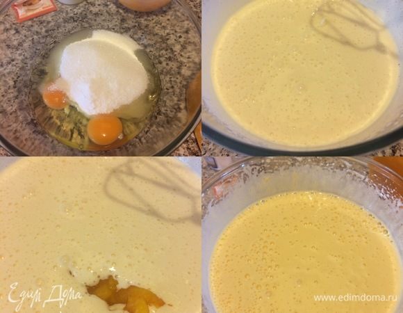 Продукты должны быть комнатной температуры! Духовку нагреть до 190°С. Противень 33 на 45 см застелить бумагой для выпечки. В миске взбить миксером: сахар, яйца, ванильный сахар. Добавить пюре и еще раз хорошо взбить.