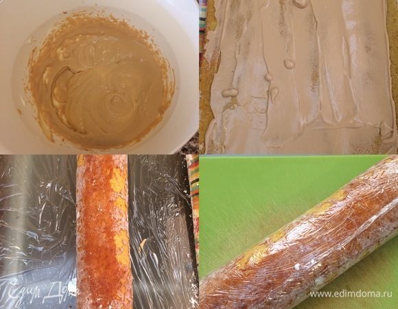 Для крема взбить сметану (у меня 26%) и вареное сгущенное молоко. Смазать кремом рулет, свернуть, завернуть рулет в пленку и отправить в холодильник на 3-4 часа.