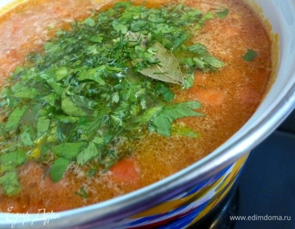 Зелень мелко нарубим и добавим в солянку вместе с маслинами. Выжмем лимонный сок. Пробуем на вкус, если нужно, добавим огуречного рассола, перца или сахара.